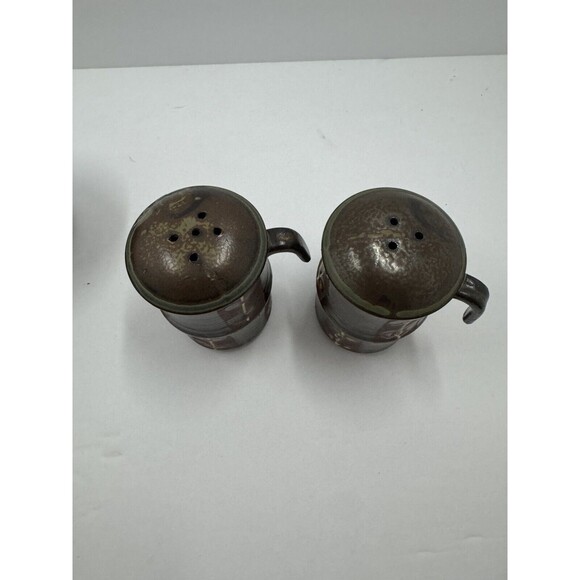 Japan Art Pottery Salt Pepper, 2 Jam Jars W/ Spoons MCM Boho Wood Pedestal Raku - Picture 7 of 12